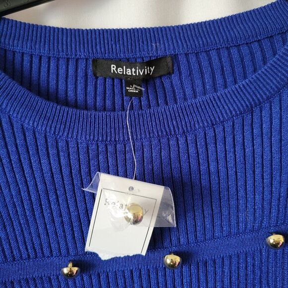 NEW Relativity Sweater Cobalt Blue Y2K gold buttons Sz M Y2K ribbed bold NWT - Picture 4 of 9